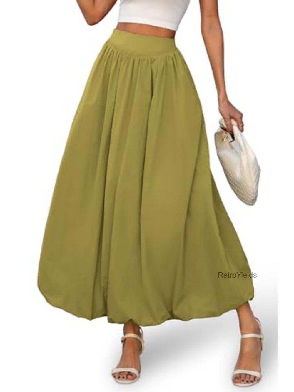 Women's Bubble Maxi Skirt Elastic Waist A-Line Puffy Hem Pleated Ankle Length